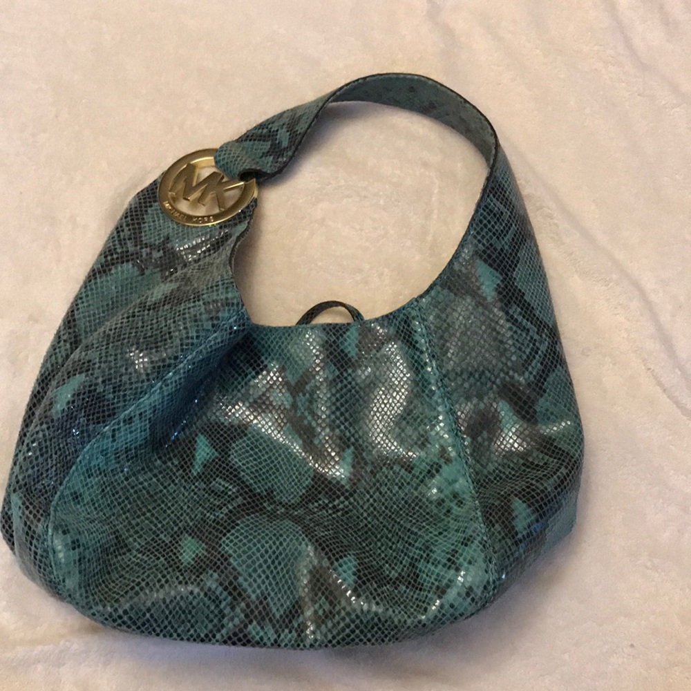 Michael Kors teal and black snake skin print bag